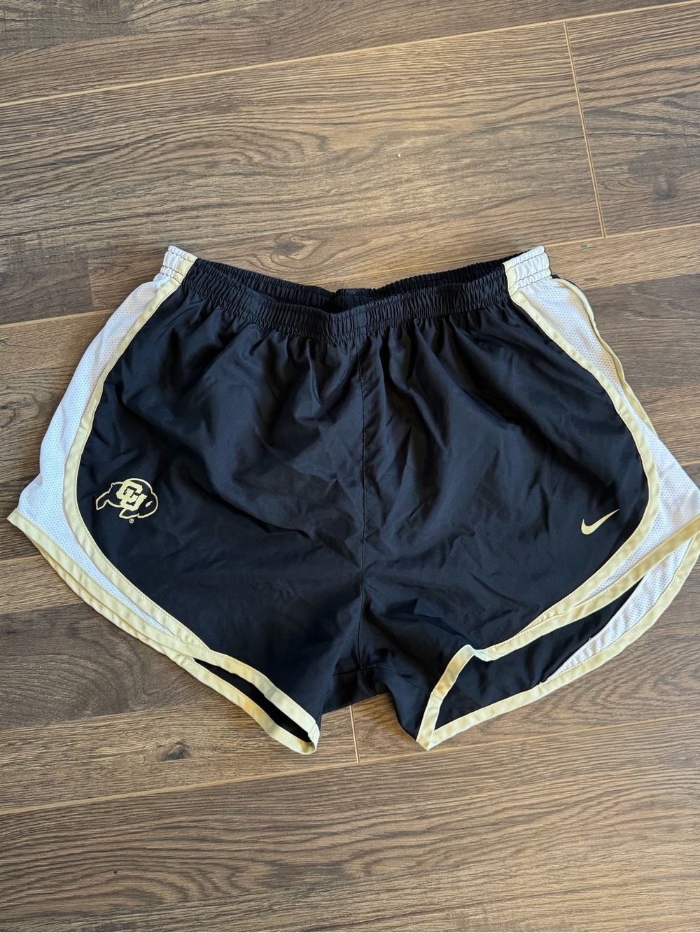 Nike Women's Black and Gold Athletic Shorts with CU Logo